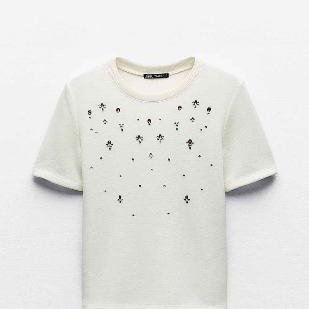 Zara Cream Short Sleeve Tee with Crystal Accents